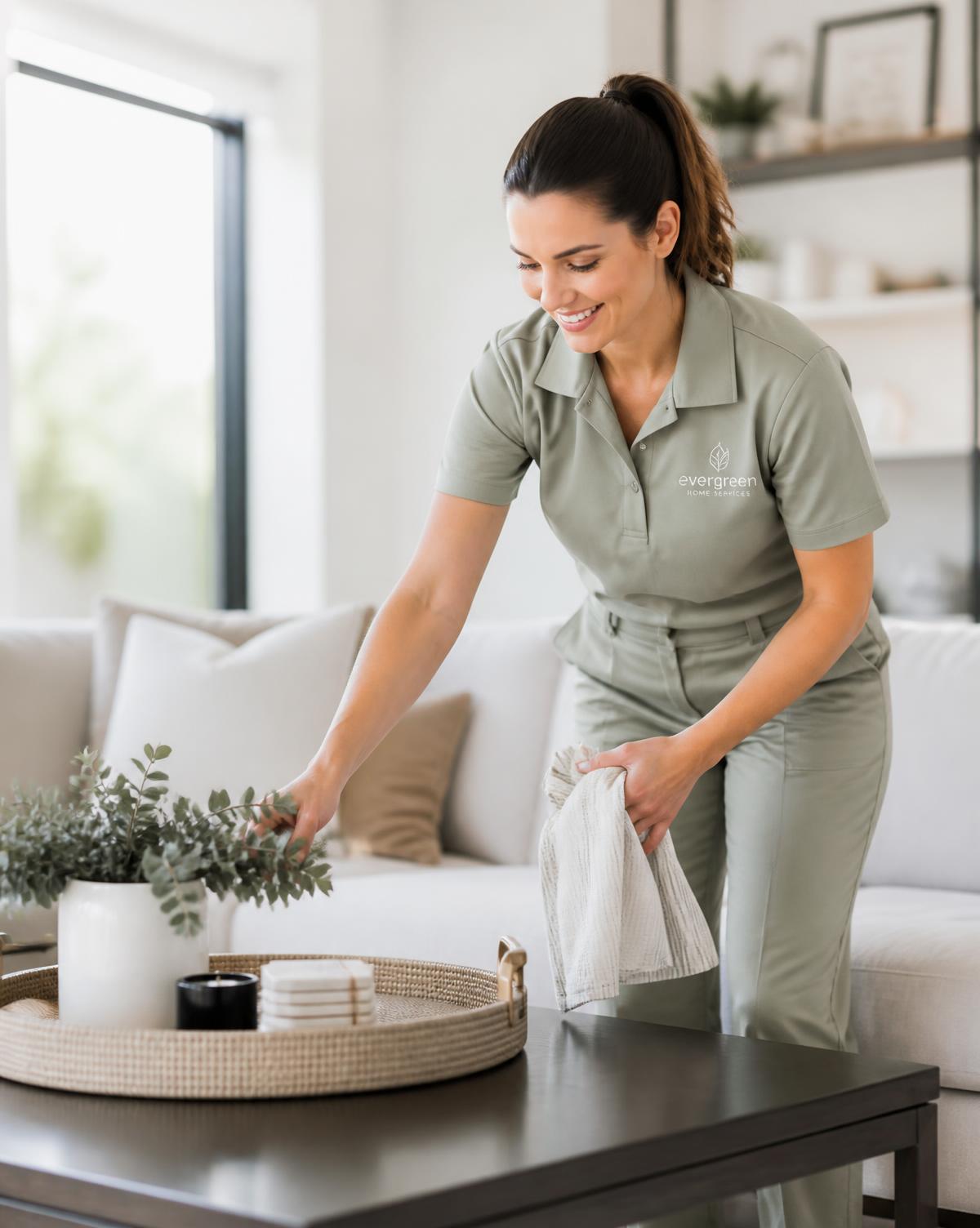 Professional from a myishas partner business tidying a bright living room